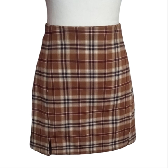 John Galt Tartan Plaid Zippered Mini Skirt Camel Red Black Colorway Size Small - Picture 3 of 6